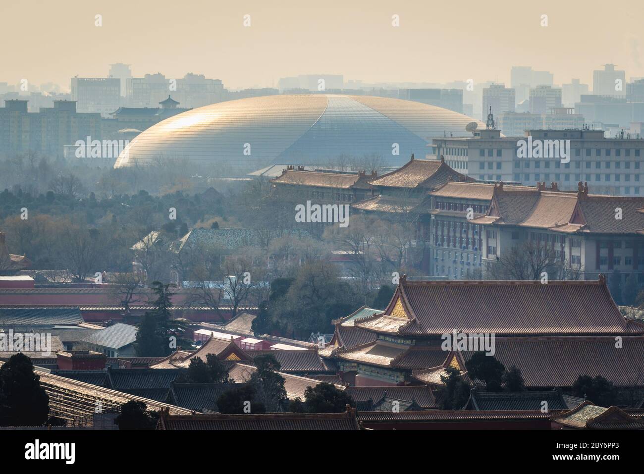 National Centre for the Performing Arts and Forbidden City seen from Pavilion of Everlasting Spring Pavilion in Jingshan Park in Beijing, China Stock Photo