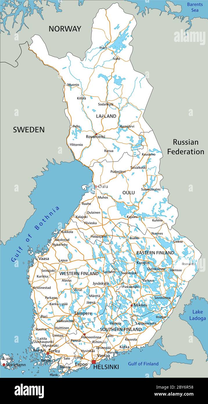 High detailed Finland road map with labeling. Stock Vector
