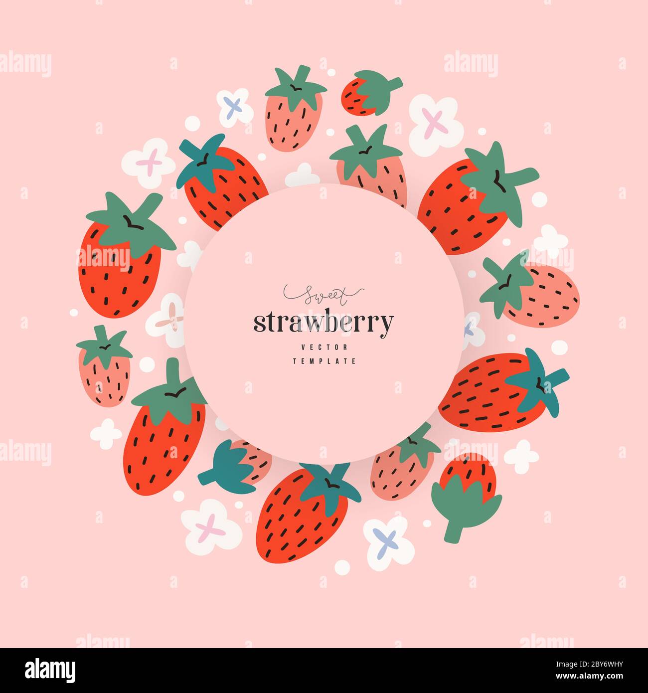 Strawberry template for packaging design with copy space for company logo, modern hand drawn illustration of fresh summer red berries, circle Stock Vector