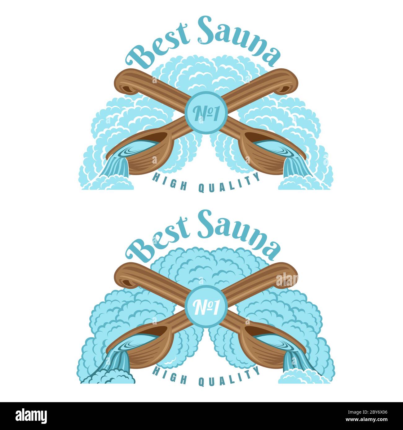 Two lables for sauna or bathhouse. Two crossed wooden ladles for sauna with steam around. Color vector illustration Stock Vector