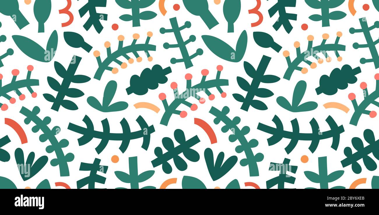 Abstract foliage pattern. Bold contemporary abstraction shapes and doodles, various leaves and branches, trendy modern art. Green fashion print Stock Vector