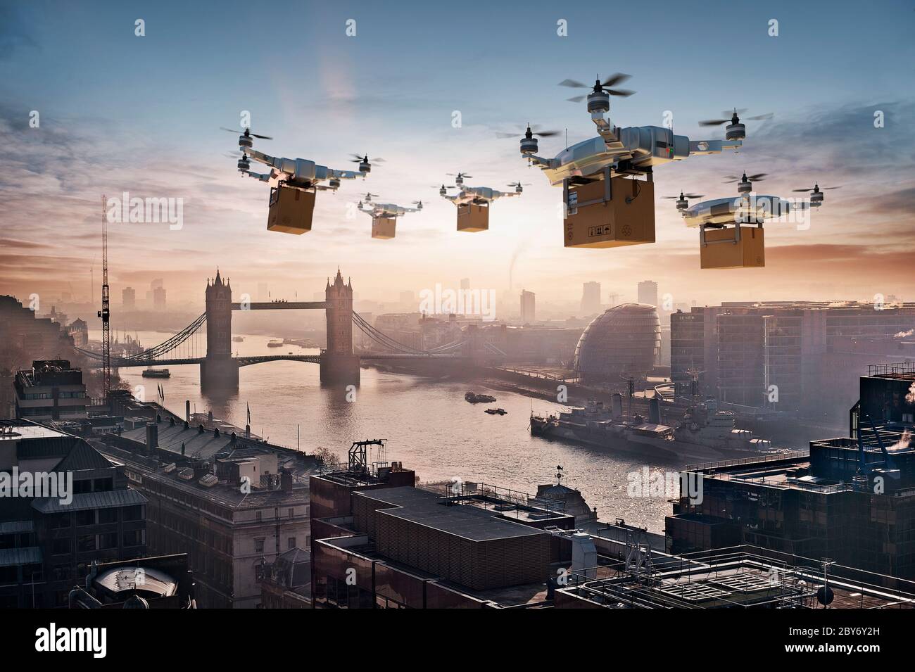 Futuristic drones delivering packages in London, UK Stock Photo