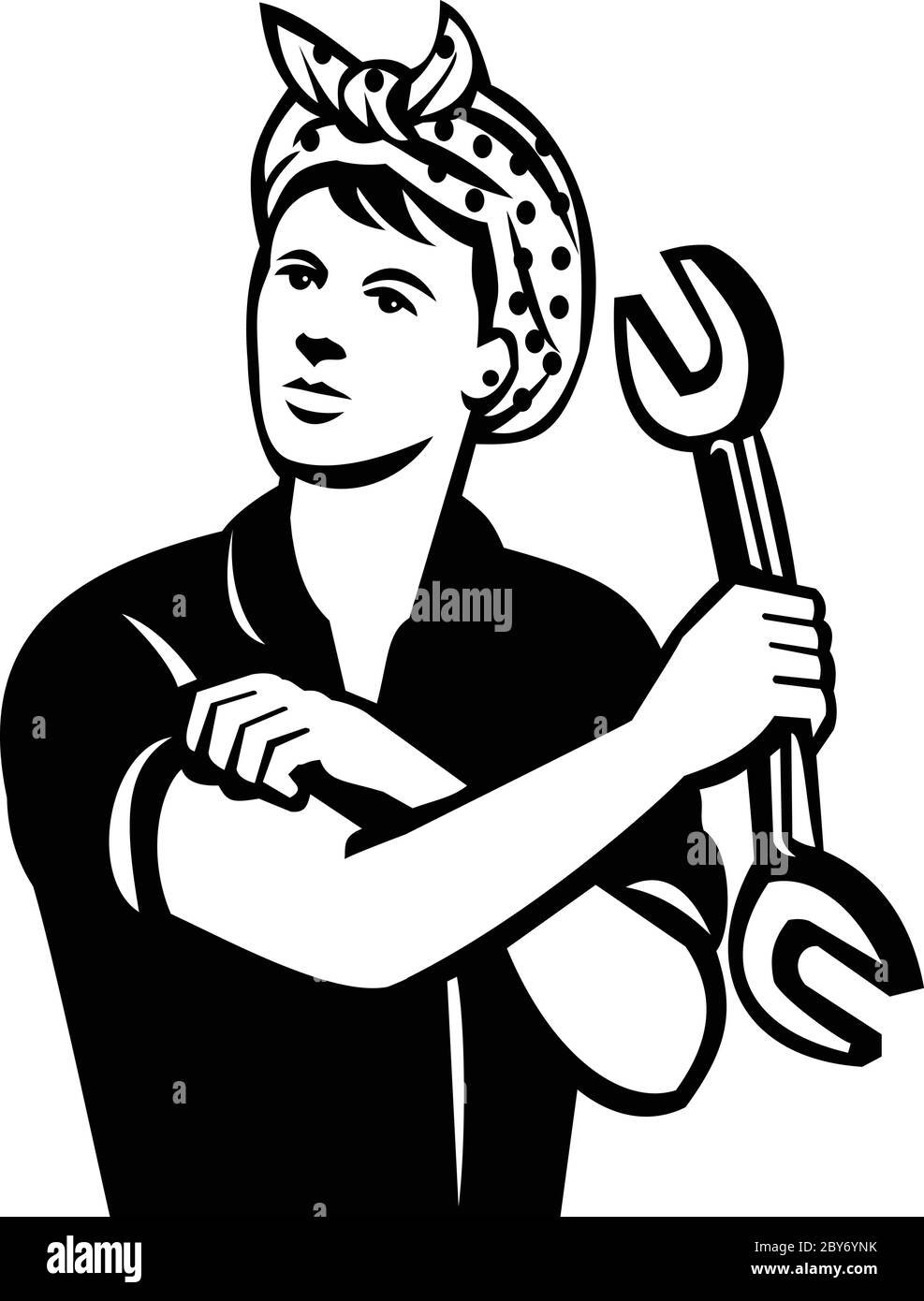 Illustration of a female mechanic holding a spanner wrench flexing her arm muscle viewed from front done in retro black and white style. Stock Vector