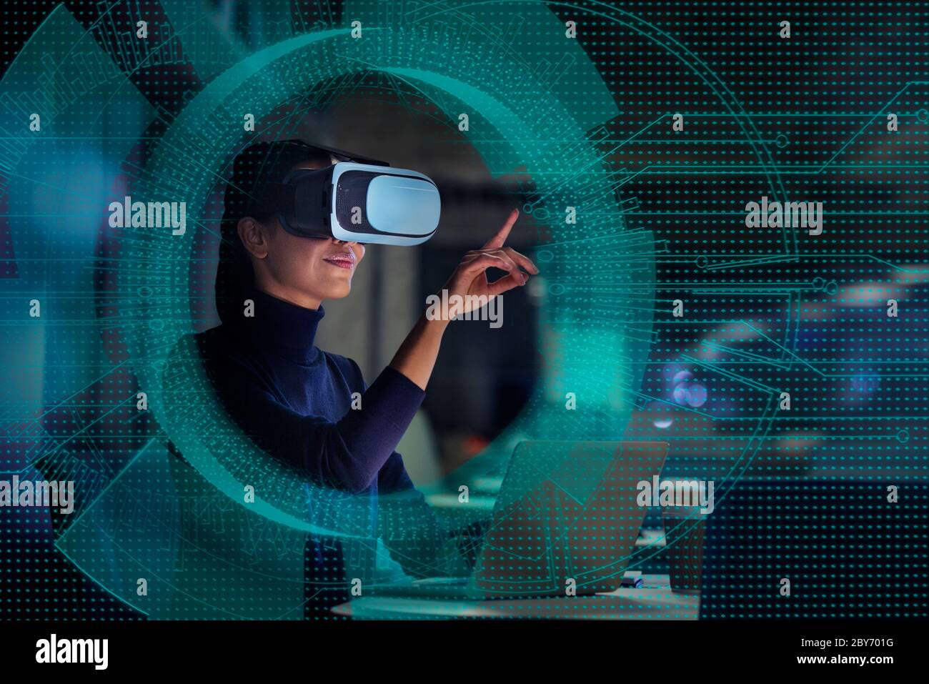 Businesswoman using virtual reality glasses Stock Photo