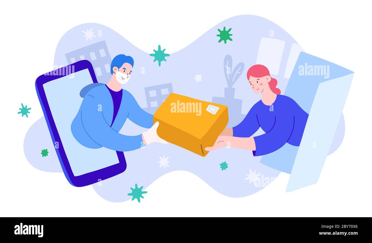 Delivery man in medical facial mask, gloves giving parcel to a young woman on quarantine. Concept of safe delivery during coronavirus pandemic, cute Stock Vector