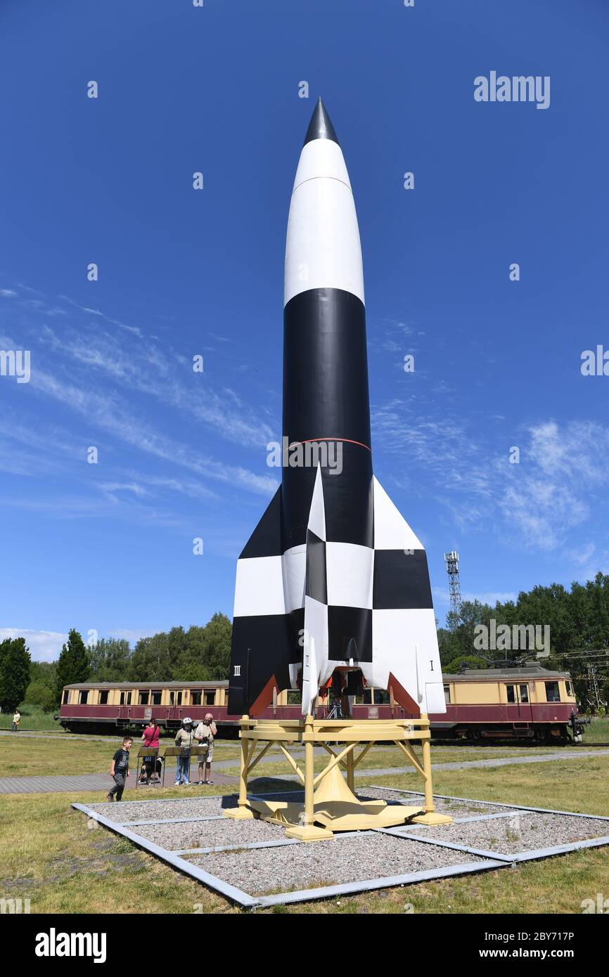 09 June 2020, Mecklenburg-Western Pomerania, Peenemünde: The replica of a V2  rocket is located on the site of the former Peenemünde Army Research  Institute on the island of Usedom - today's Historisch-Technisches