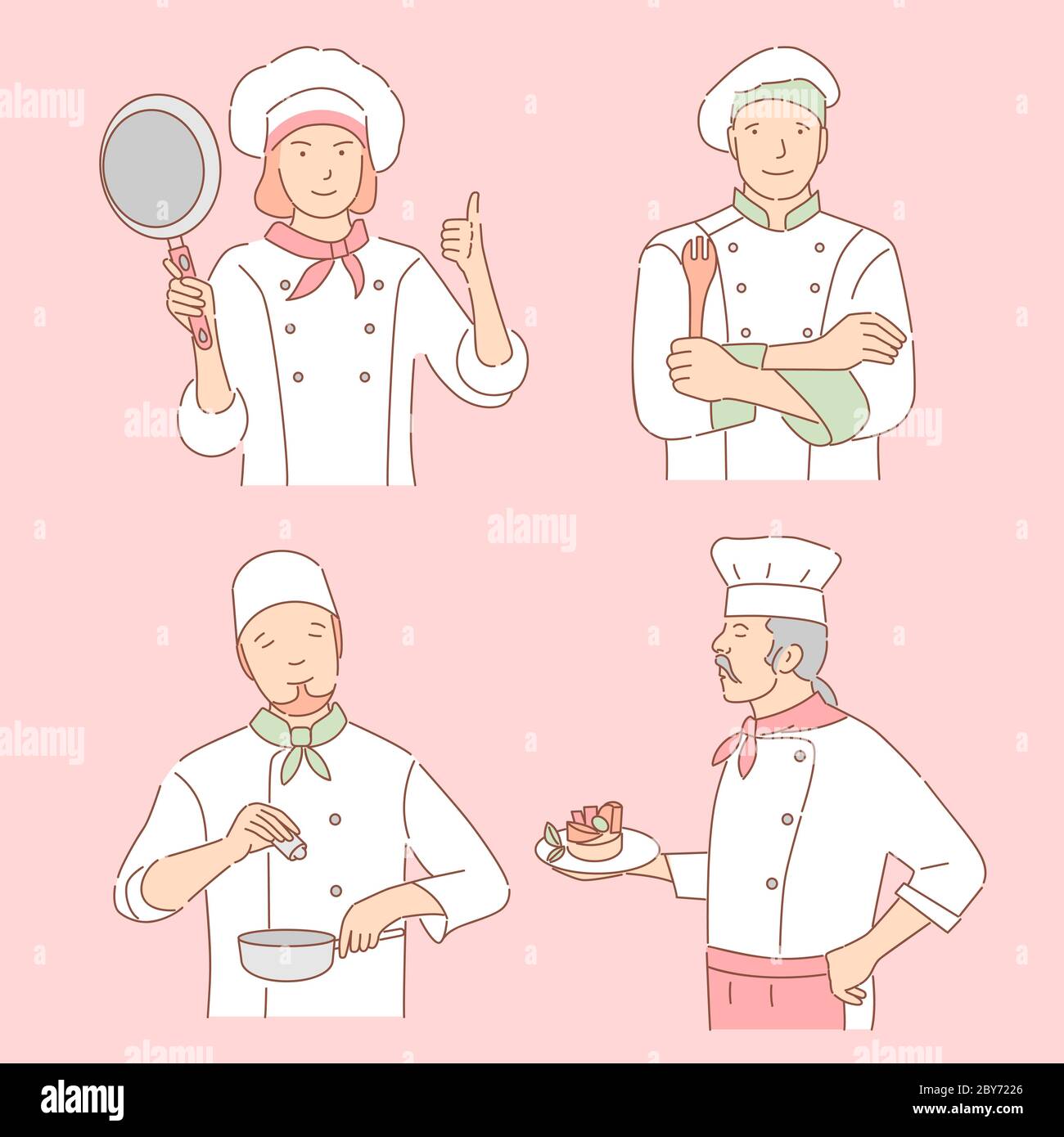 Chefs With Culinary Tools Vector Cartoon Illustration Happy Smiling Woman And Men In Uniform Restaurant Staff Outline Characters Cooking Dishes And Holding Pan And Cooking Spatula Stock Vector Image Art