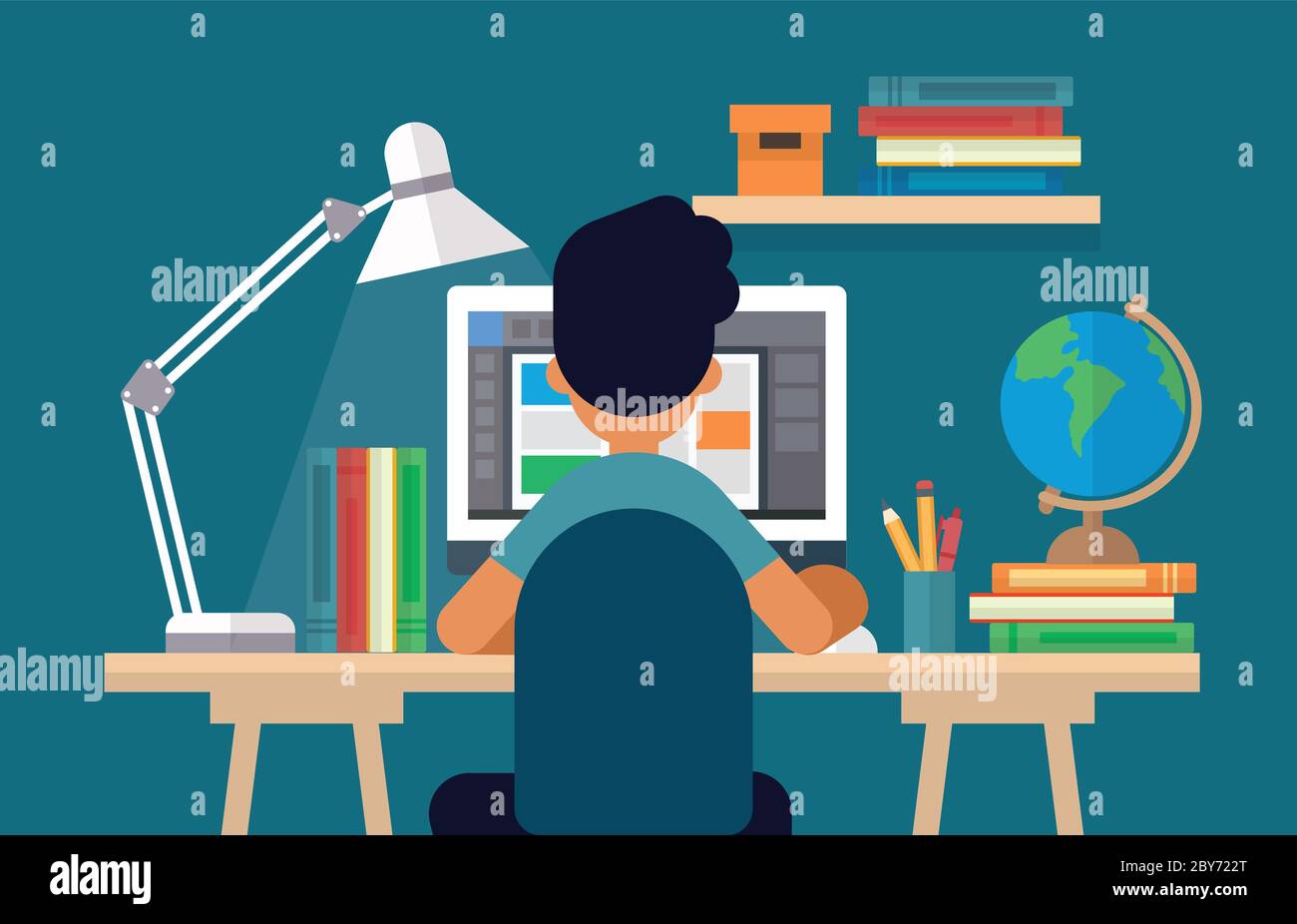 Student sitting at the desk, learning with computer. Concept