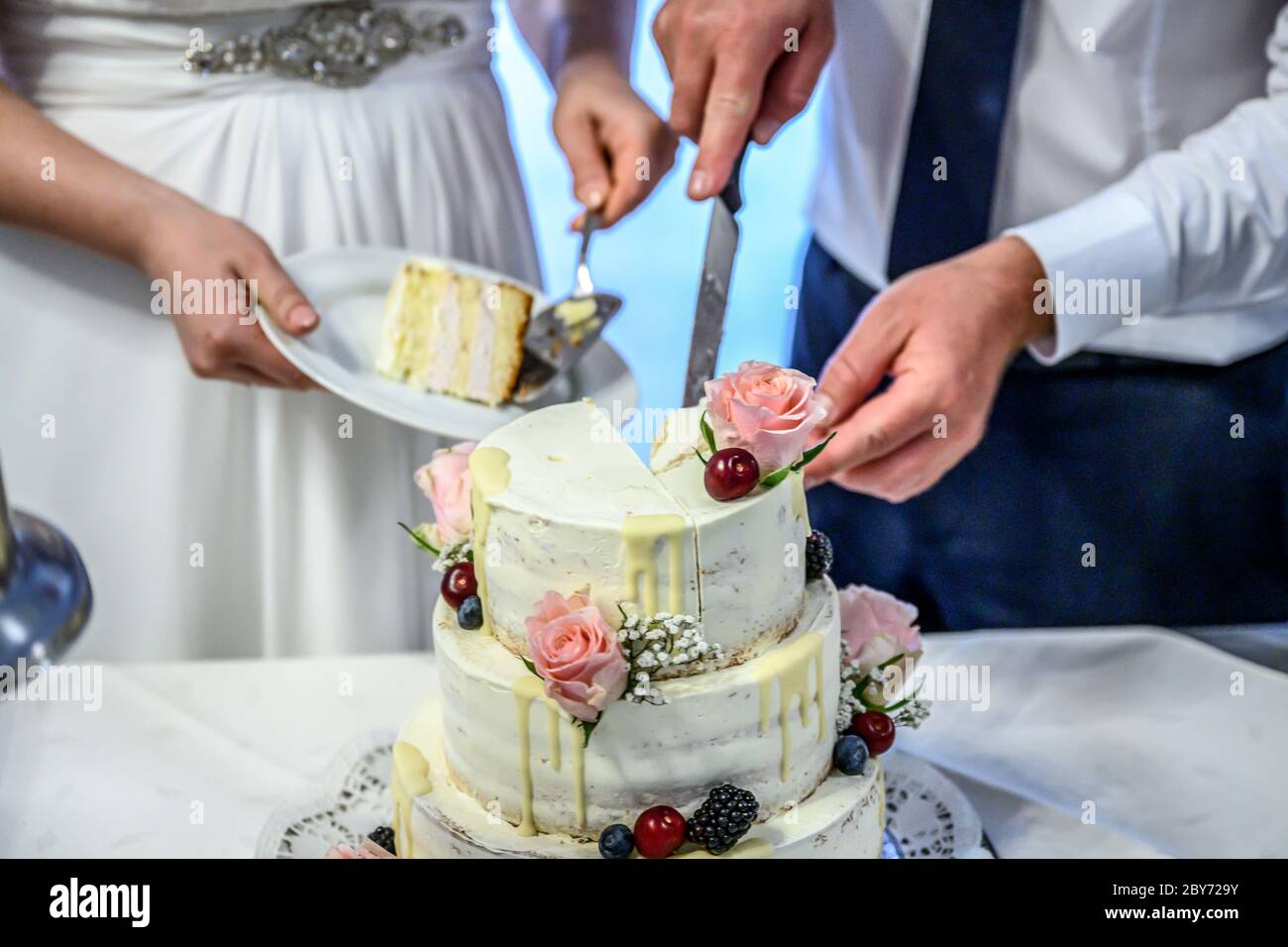 Groom and bride marriage Cutting the delicious fruity Wedding Cake