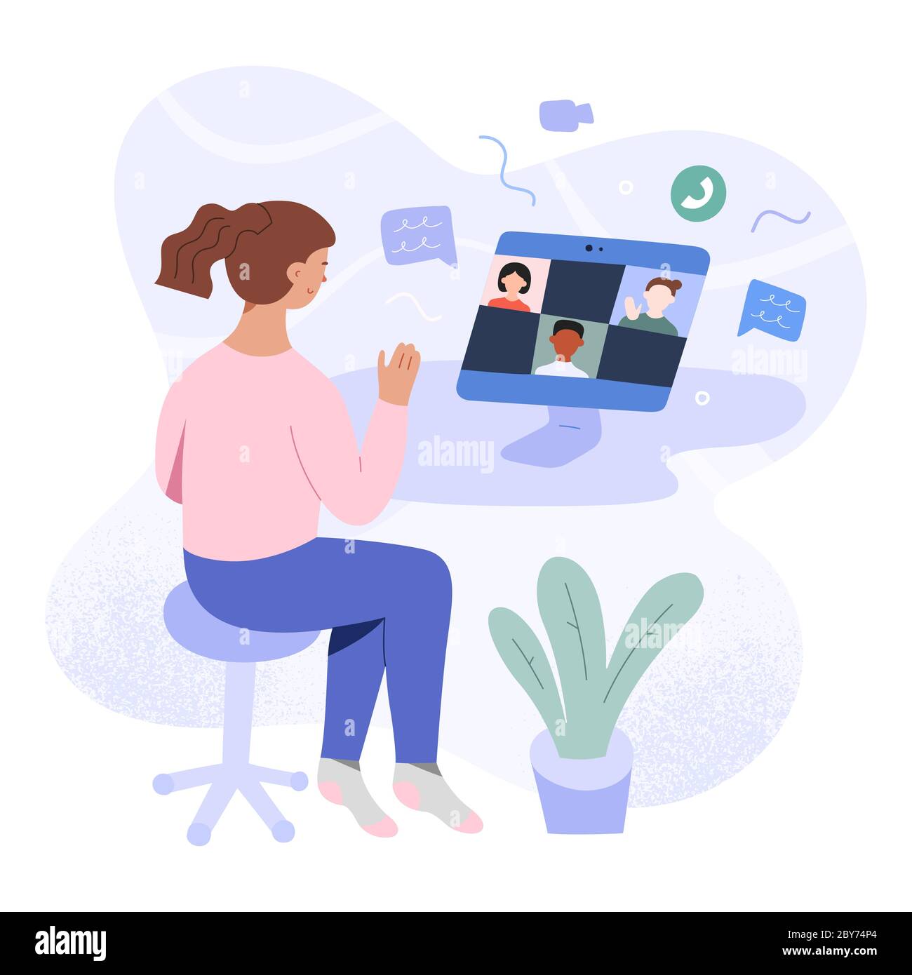School learning on video conference, girl at desktop making group video call for studying at home during self-isolation and quarantine, distant e Stock Vector