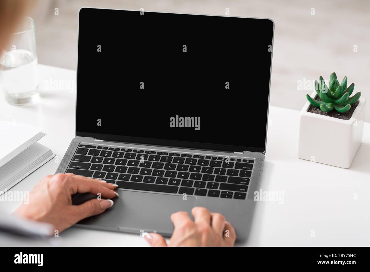 Online conference and management. Female hands on laptop with blank screen Stock Photo