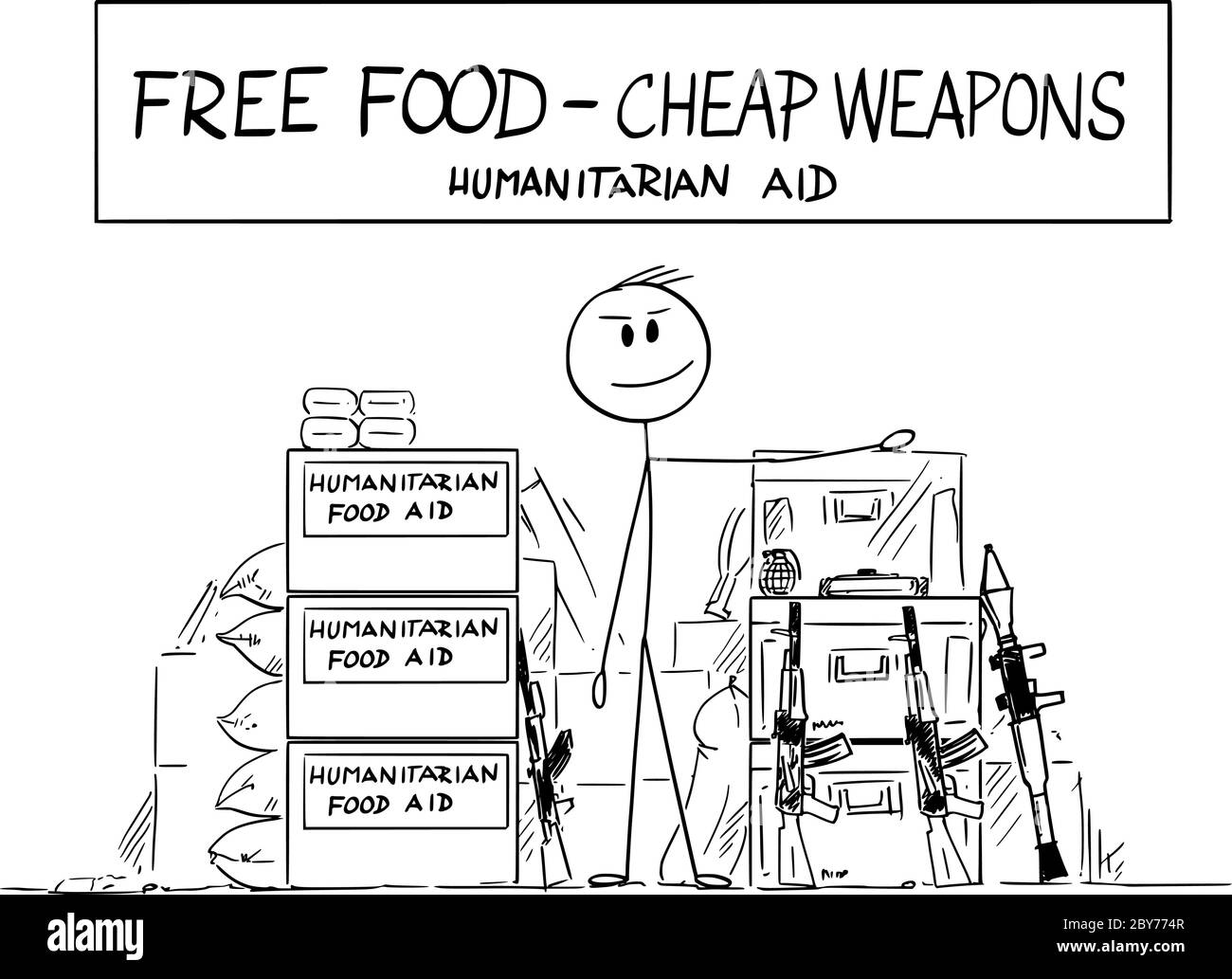 Vector cartoon stick figure drawing conceptual illustration of local farmer selling humanitarian aid food, and weapons on local market in developing country in Africa or Asia. Stock Vector