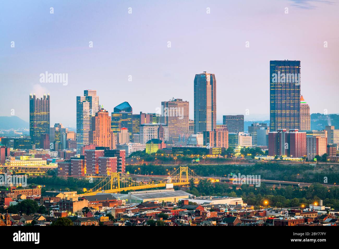 Pittsburgh, Pennsylvania, USA skyline from the South Side at dusk. Stock Photo