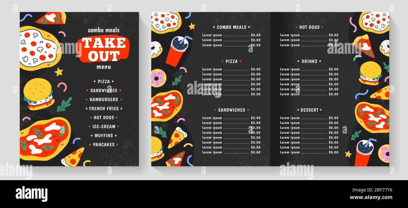 Fast food menu, vector leaflet layout, restaurant menu template, american and italian food, pizza, hamburger and soda, trendy doodle cartoon Stock Vector