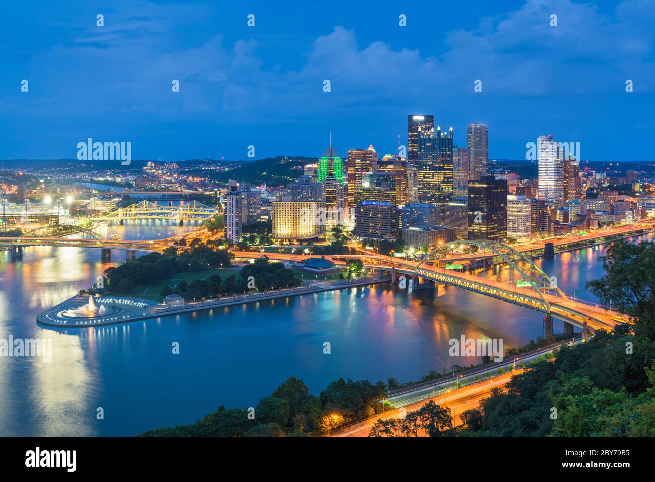 Pittsburgh, Pennsylvania, USA city skyline from the incline at night. Stock Photo