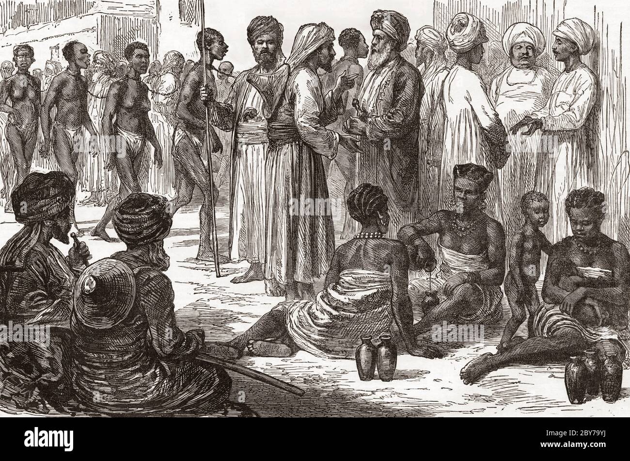 Slave dealers and slaves in Zanzibar, modern day Tanzania.  After a work by an unidentified artist in the May 3, 1873 edition of The Graphic Stock Photo