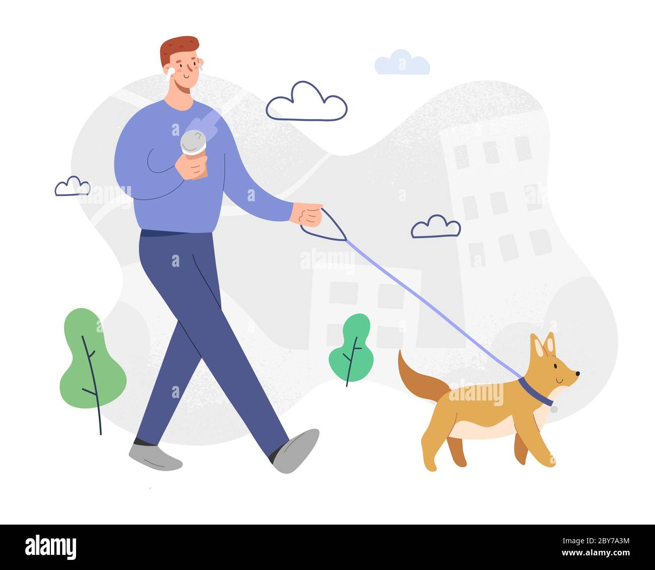 Man walking a dog, listening to music in headphones, drinking coffee in good mood, outdoors activity, male cartoon character, smiling guy with pet Stock Vector