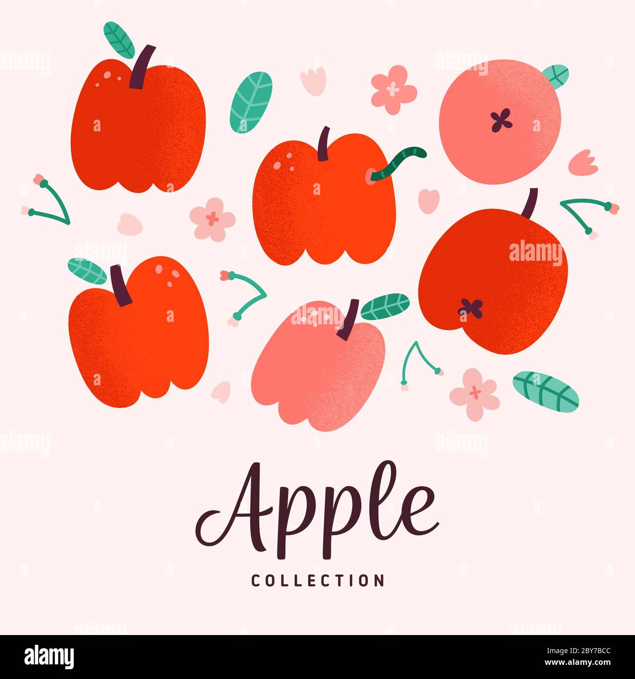 Red apples collection, doodle vector drawing, isolated vector illustration, fresh sweet summer fruit with blooming flowers and leaves, apple with worm Stock Vector