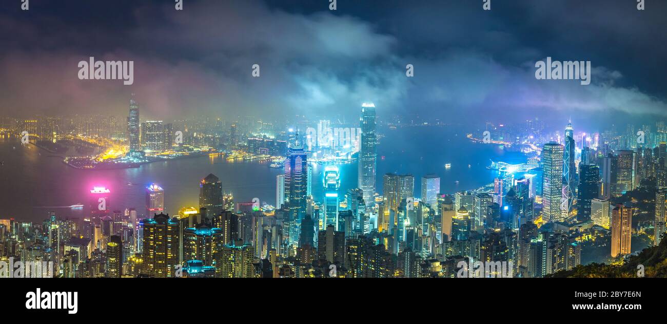 Panorama of Hong Kong business district in a summer night Stock Photo ...