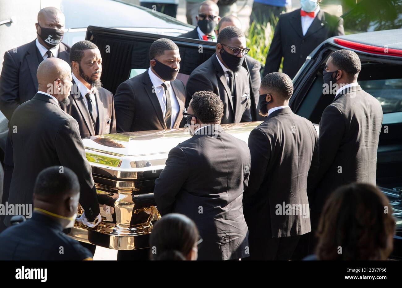 The casket of GEORGE FLOYD arrives at Fountain of Praise Church in suburban Houston June 9, 2020 for a private funeral service followed by burial in nearby Pearland. Thousands turned out for a public viewing yesterday. Stock Photo