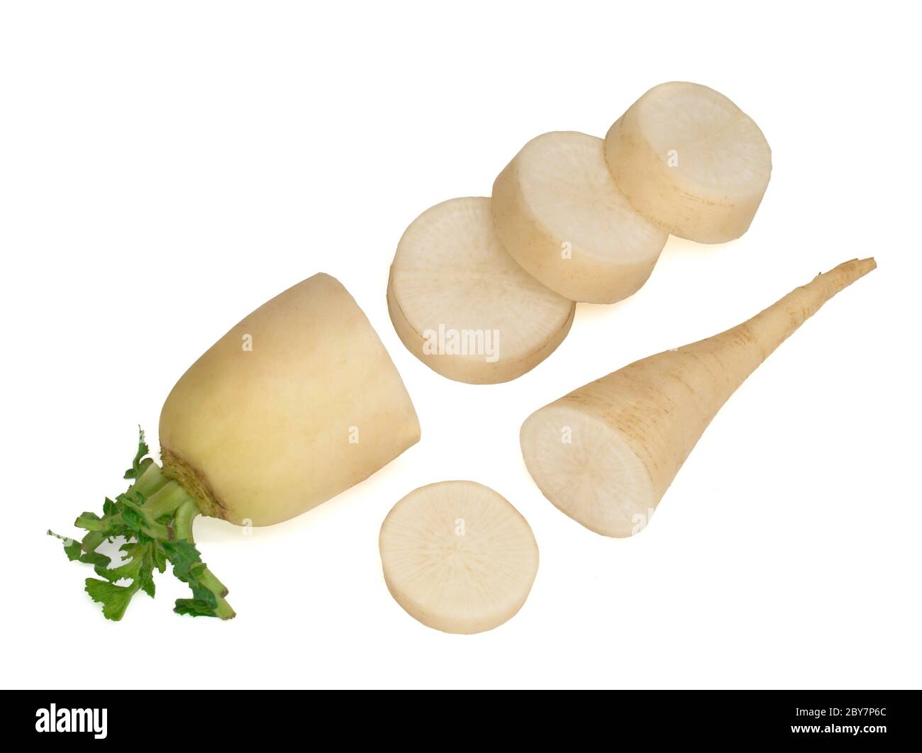 fresh daikon radish with slices isolated on white background Stock Photo