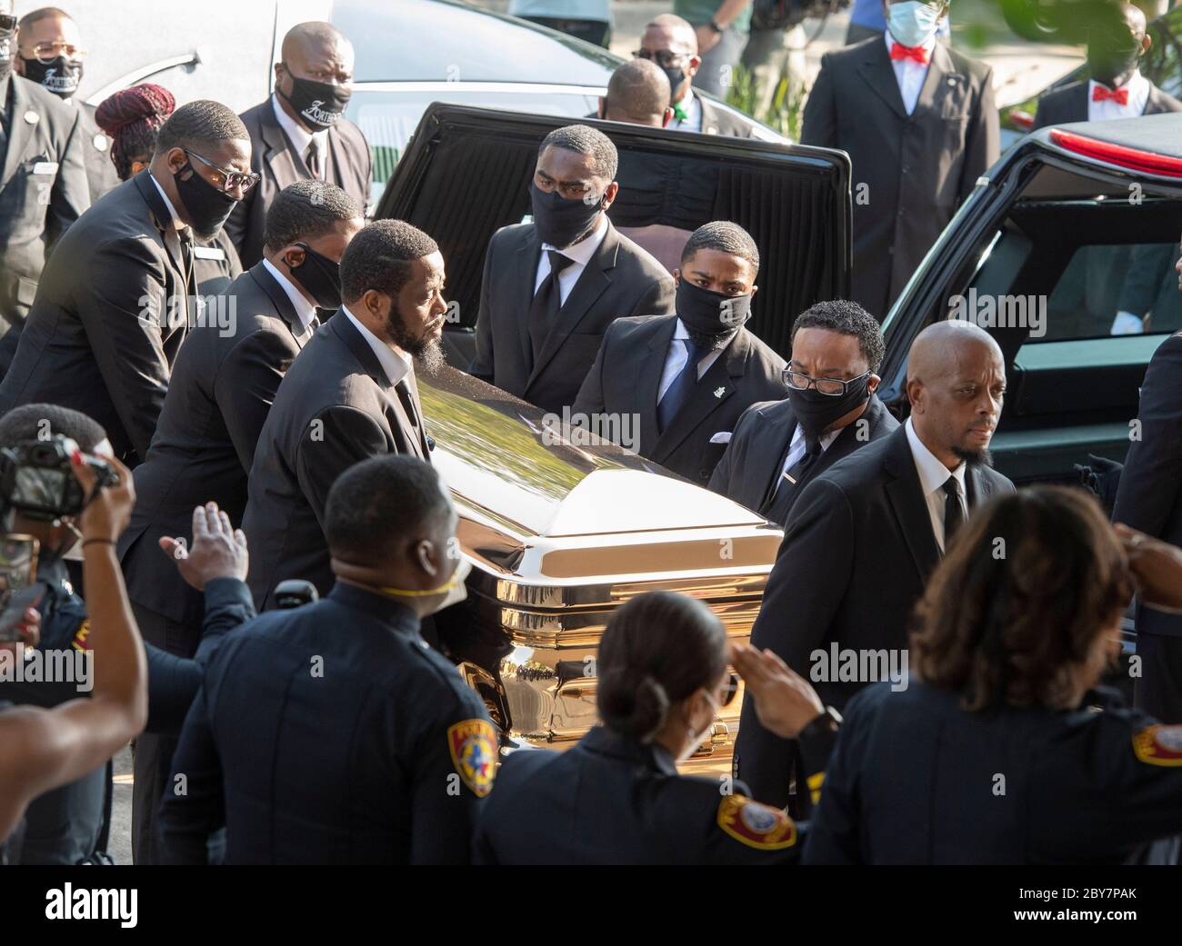 The casket of GEORGE FLOYD arrives at Fountain of Praise Church in suburban Houston June 9, 2020 for a private funeral service followed by burial in nearby Pearland. Thousands turned out for a public viewing yesterday. Stock Photo