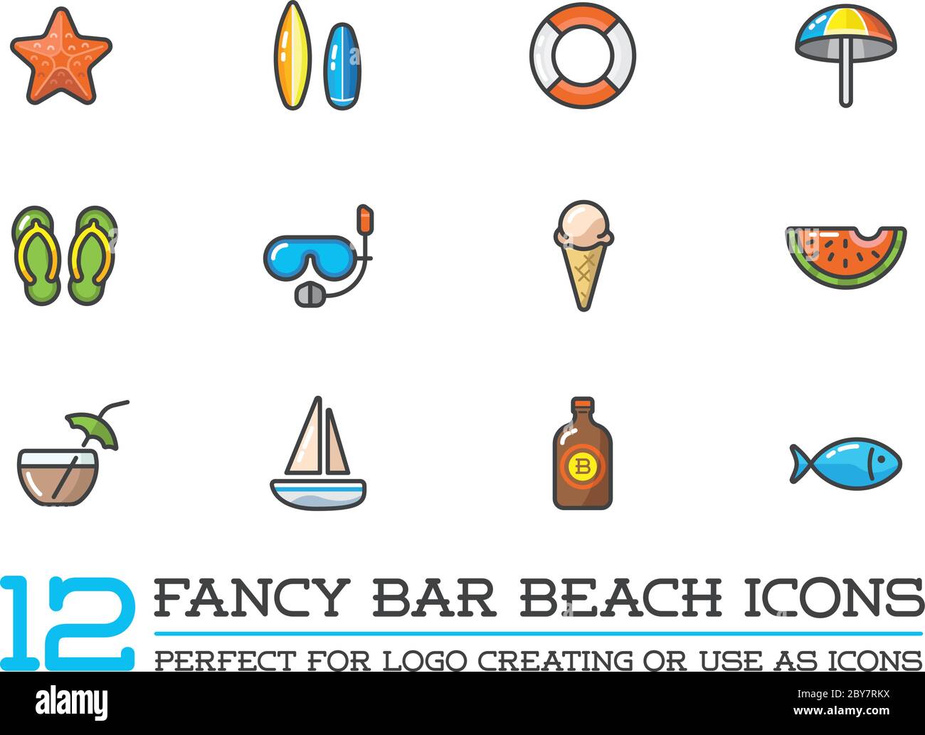 Set of Vector Beach Sea Bar Flat Icons Elements and Summer can be used ...