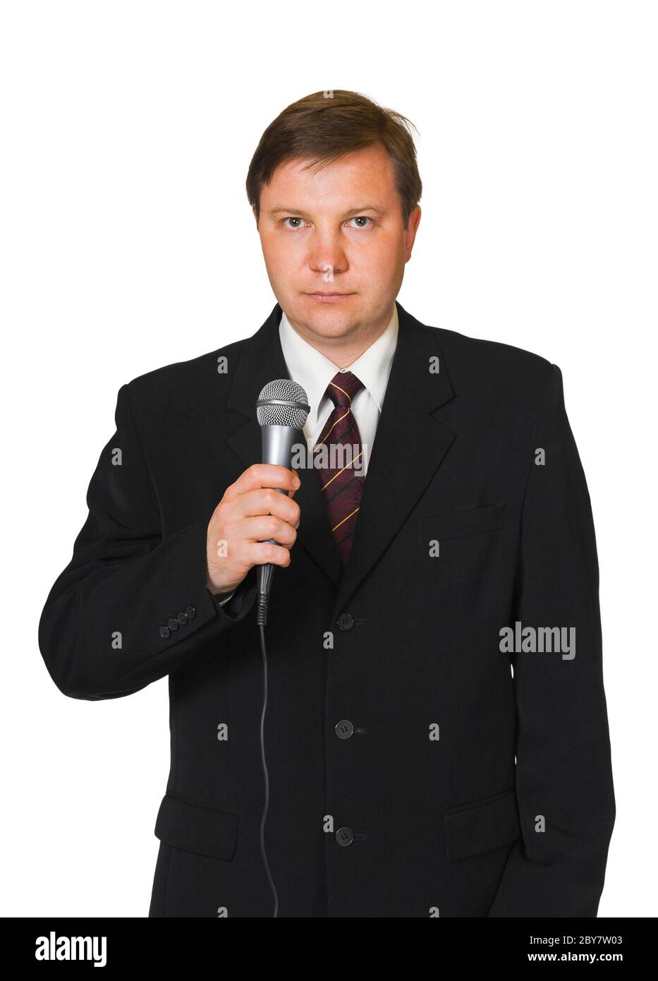 Journalist with microphone Stock Photo - Alamy