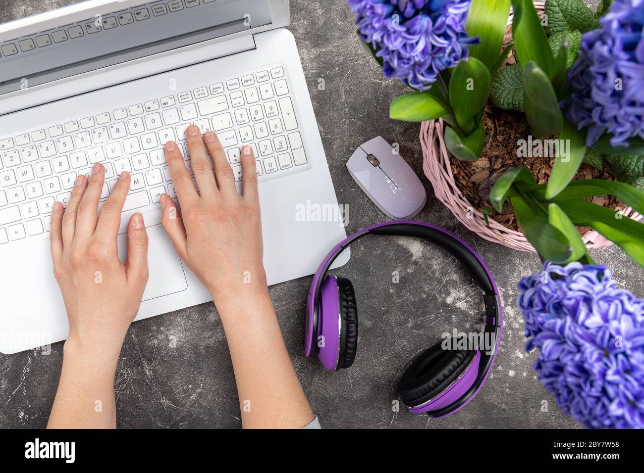 Online work or education concept top view. Laptop on table with womans hands, freelance, work, training, educations blogging concept. Cozy female home Stock Photo