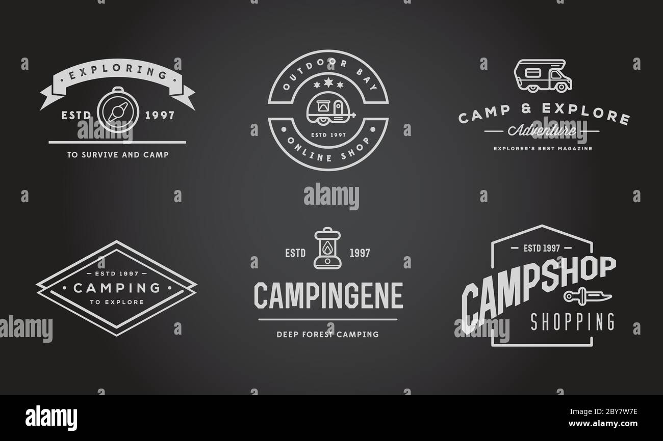 Set of Vector Camping Camp Elements With Fictitious Names and Outdoor ...