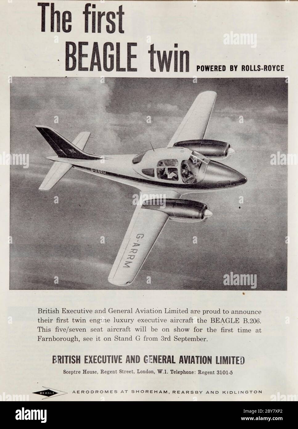 Vintage advertisement for the Beagle B206 light aircraft. Stock Photo