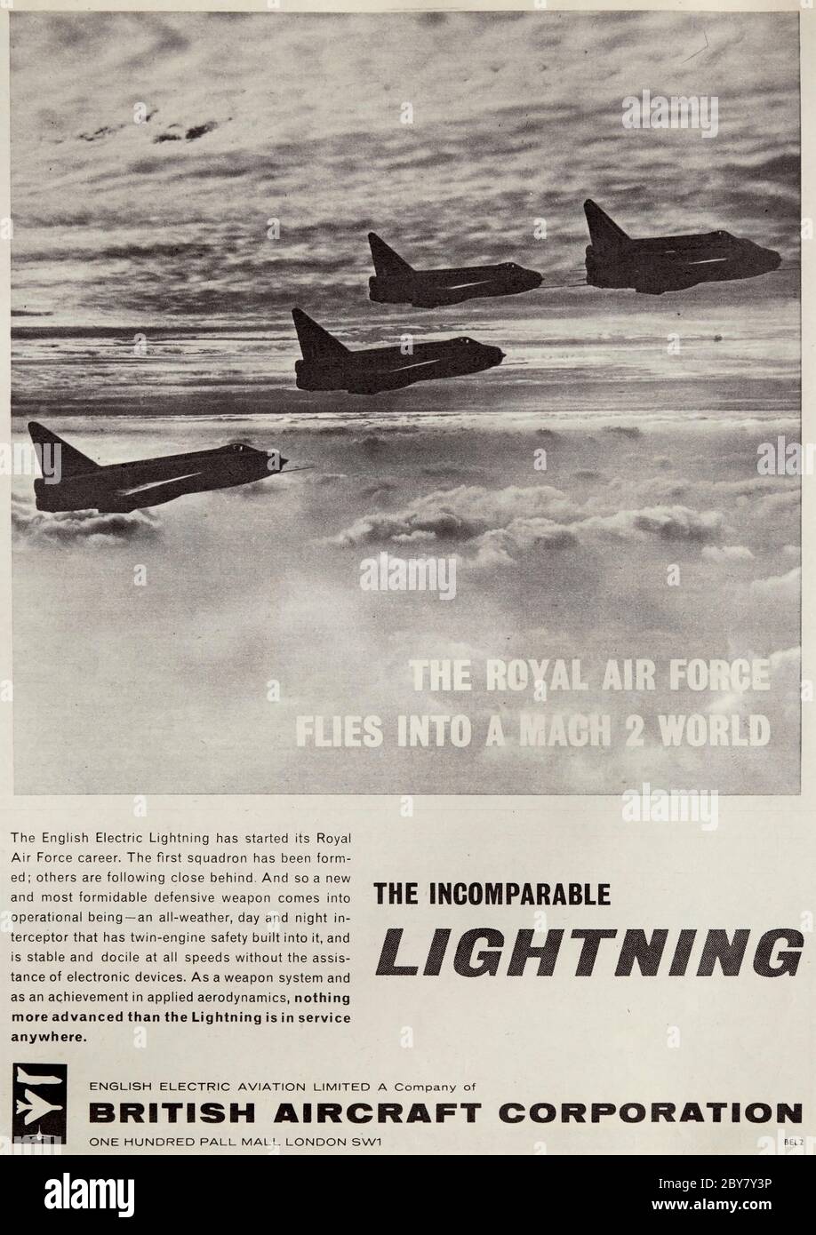 Vintage advertisement for the British English Electric / BAC Lightning supersonic interceptor aircraft. Stock Photo