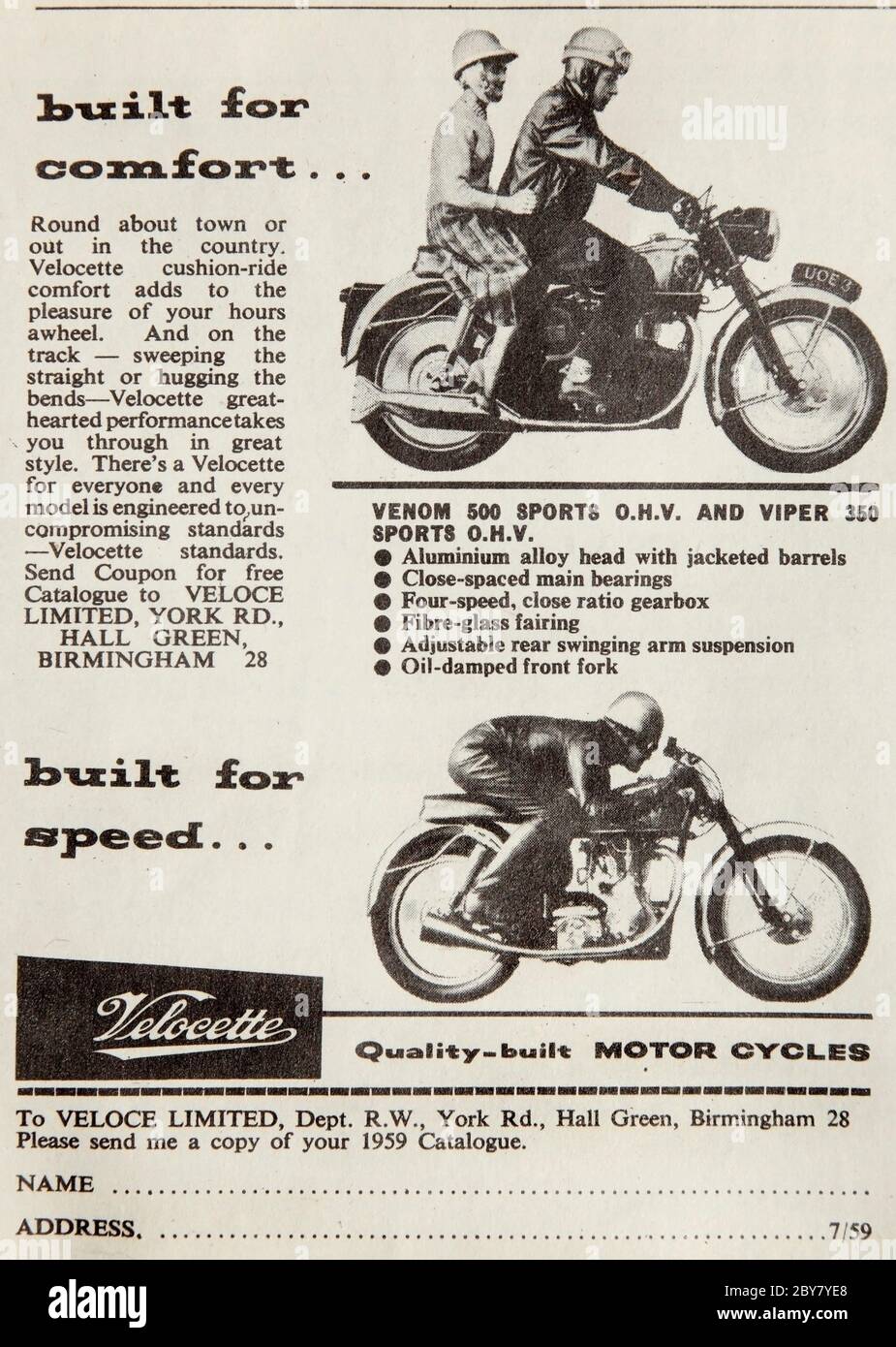 Vintage advertisement for British Velocette motorcycles Stock Photo - Alamy