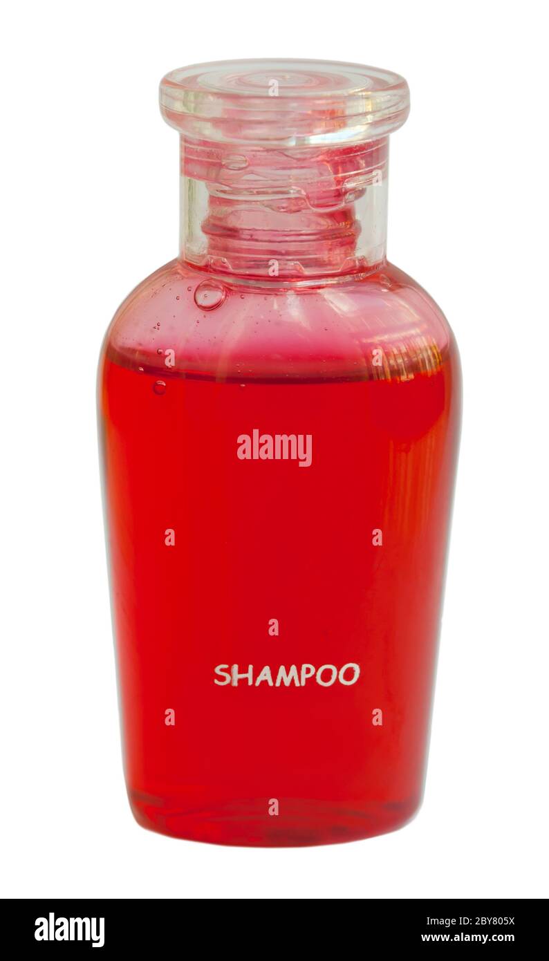 Small red bottle of shampoo Stock Photo Alamy