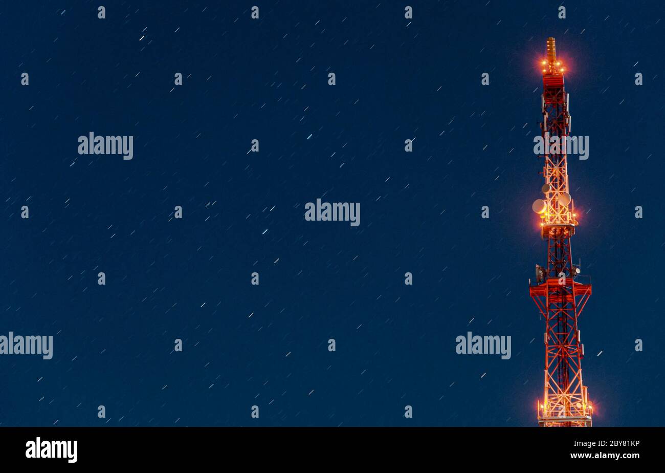 Radio Tower with lights on starry sky background Stock Photo Alamy