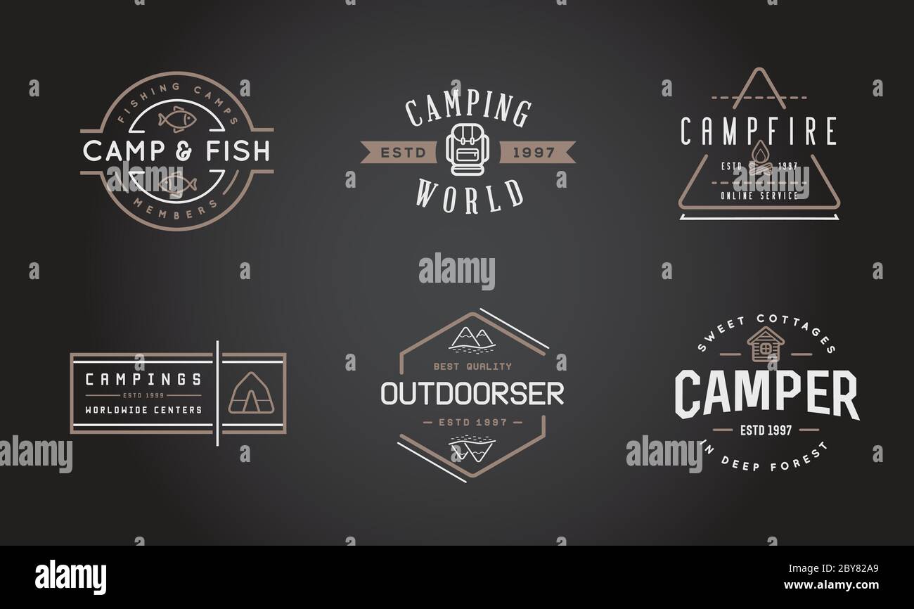 Set of Vector Camping Camp Elements With Fictitious Names and Outdoor ...