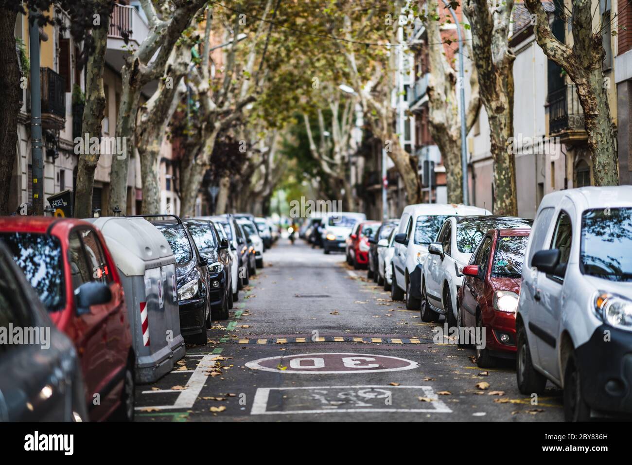 Frontal view of a city street with cars parked on both sides Stock ...