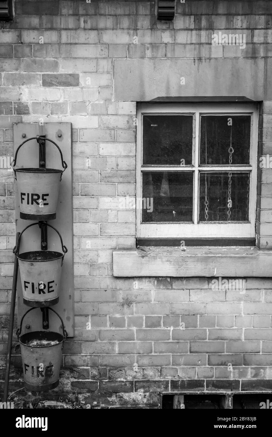 Fire buckets at Loughborough on the Great Central Railway Stock Photo