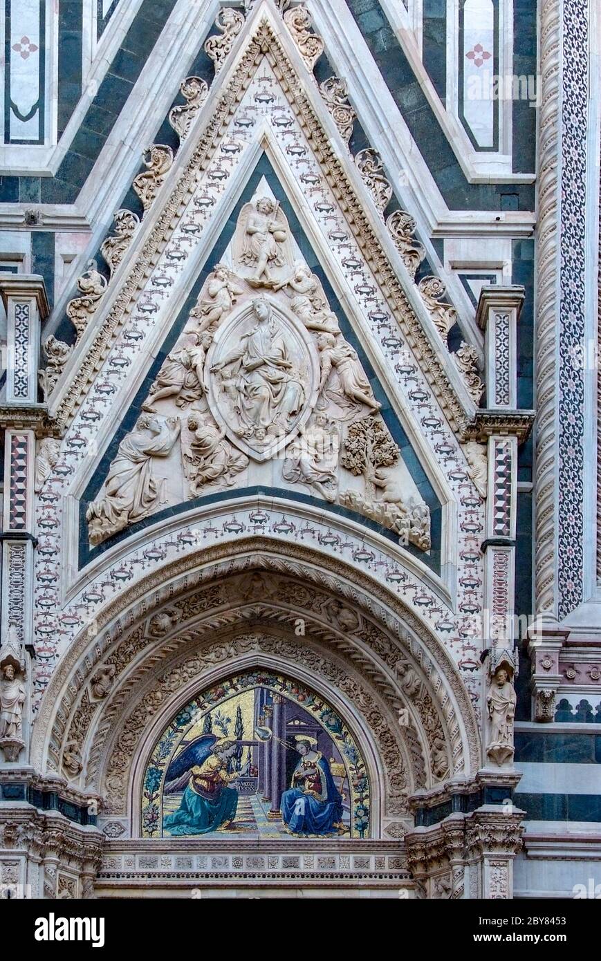 Almond Door, Basilica di Santa Maria del Fiore,Detail of the Annunciation,Door of the Mandorla,Duomo,Florence,Italy,cathedral,exterior,mosaic Stock Photo