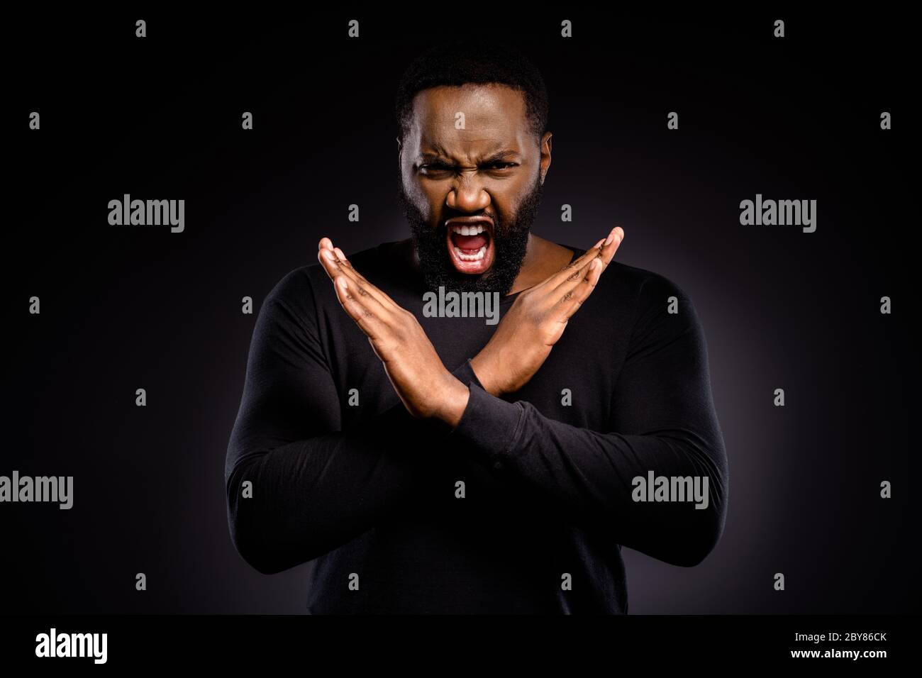 We humans too. Frustrated outraged afro american guy cross hand x share ...