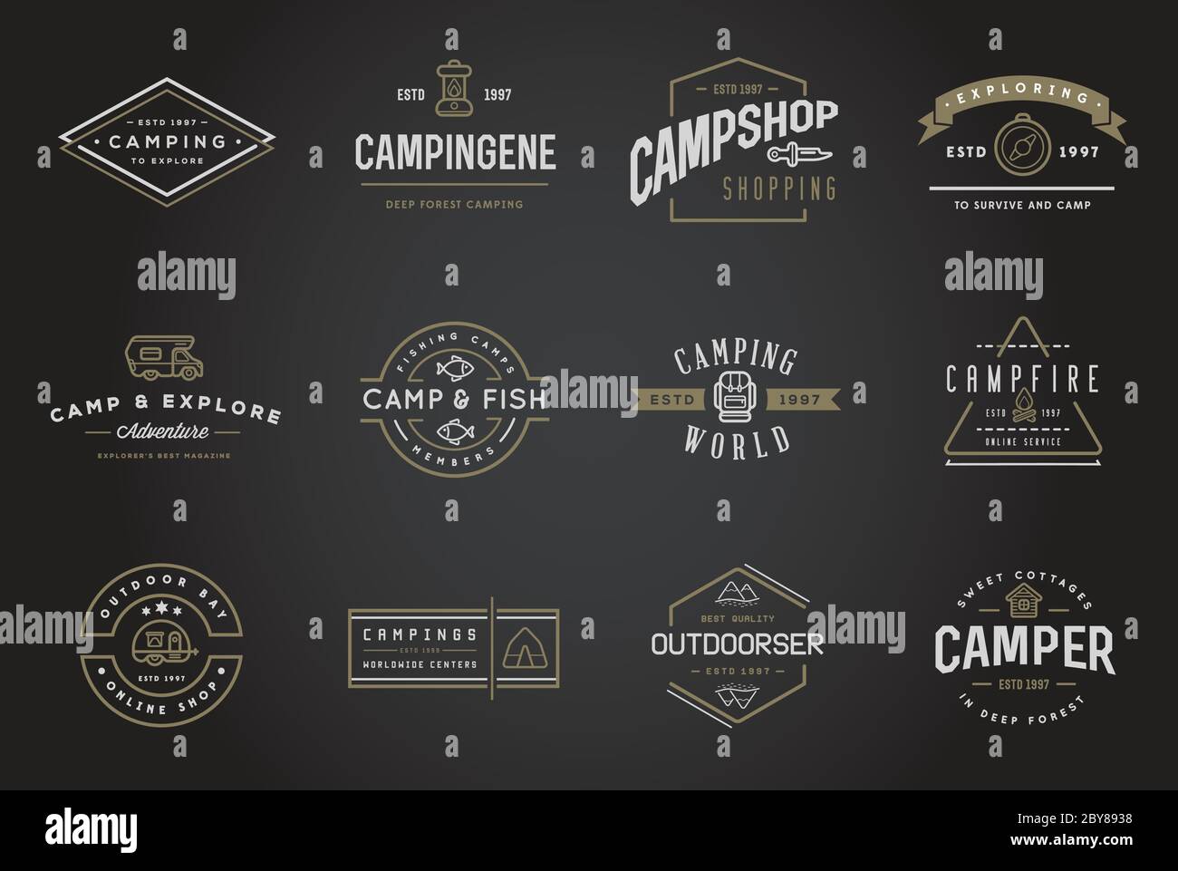 Set of Vector Camping Camp Elements With Fictitious Names and Outdoor ...
