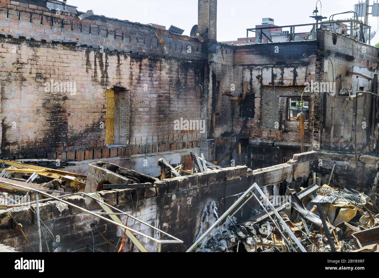 Minneapolis protest and riots turns violent interior of a burnt by fire building Stock Photo