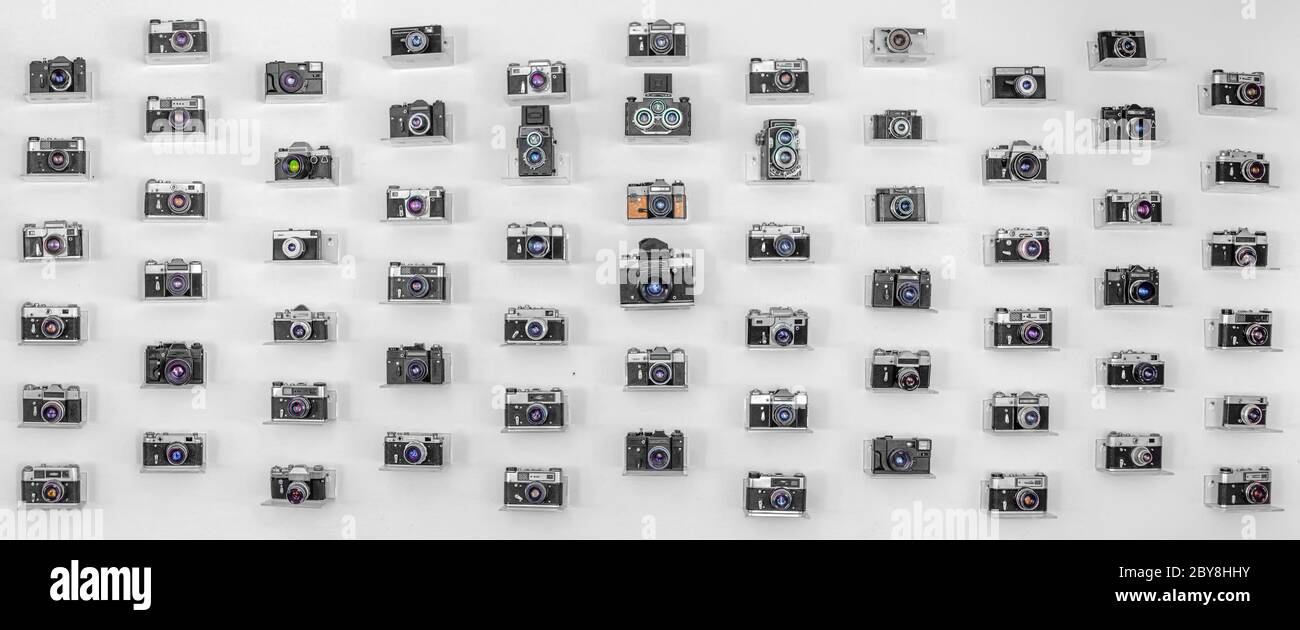 Collection of old film cameras on a white background. Panorama Stock ...