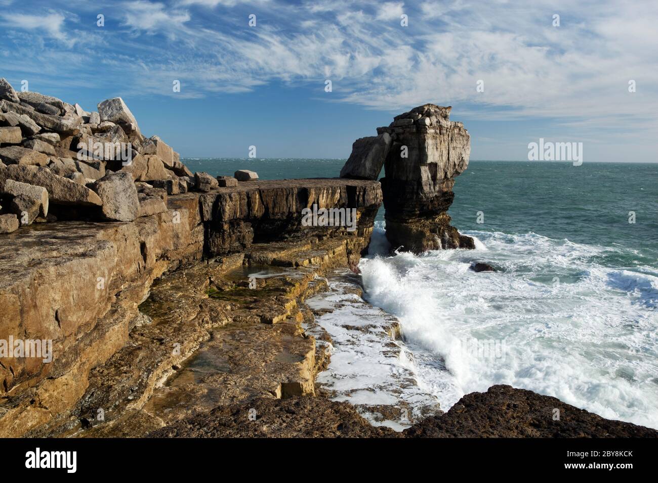 Pulpit Rock and stormy sea, Isle of Portland, near Weymouth, Dorset, England, United Kingdom Stock Photo