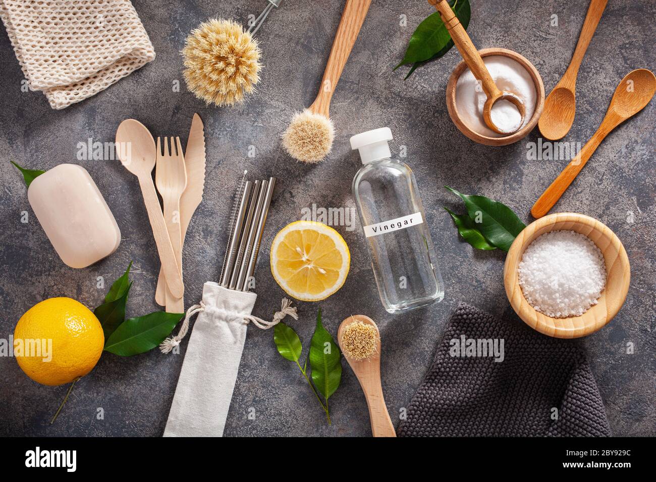 zero waste eco friendly cleaning kitchen concept. wooden brushes, lemon