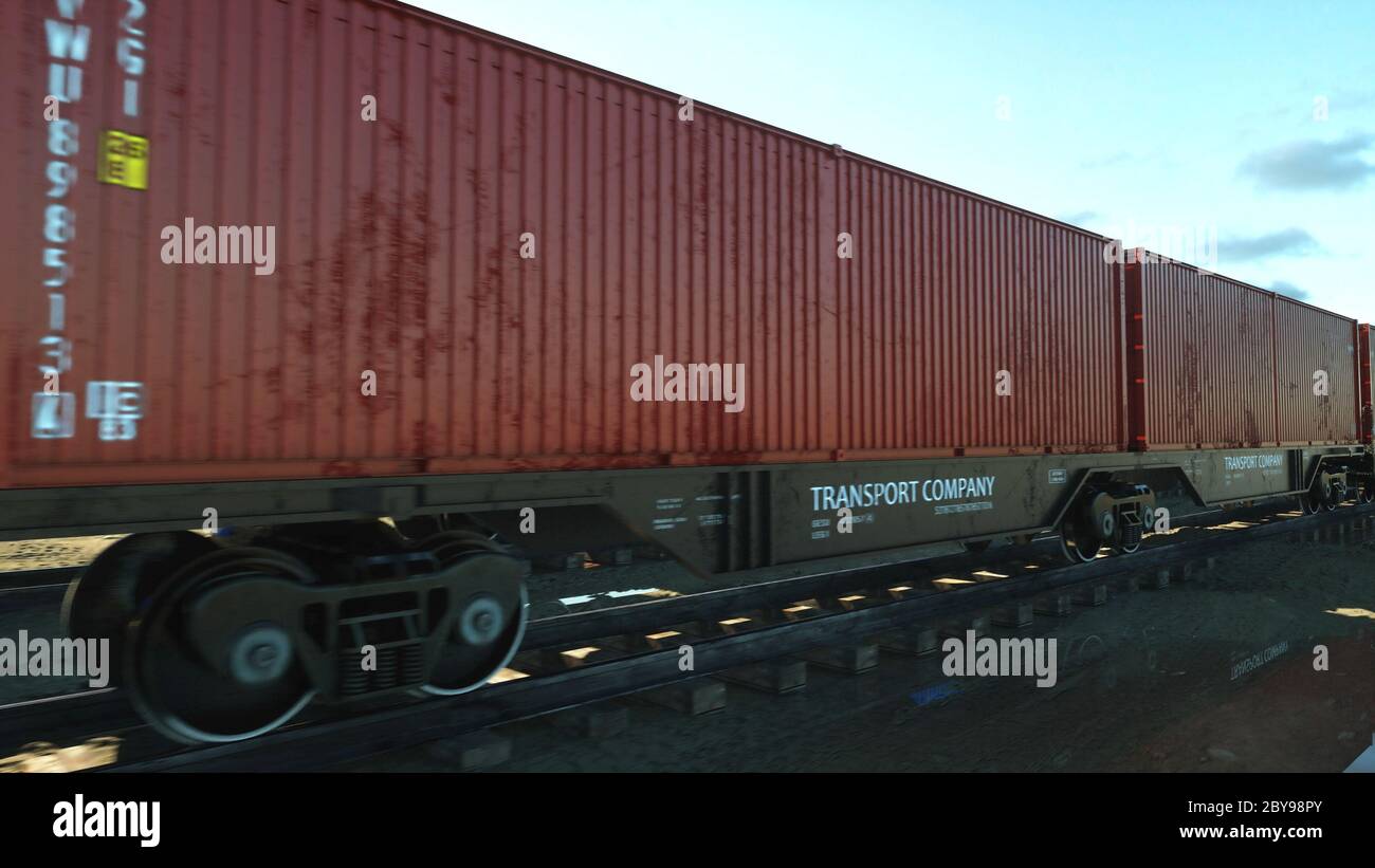 Freight train with cargo containers. Logystic concept. 3d rendering ...