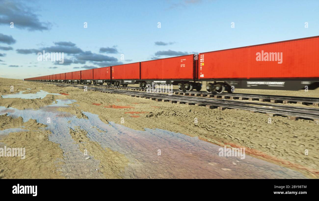 Freight train with cargo containers. Logystic concept. 3d rendering ...