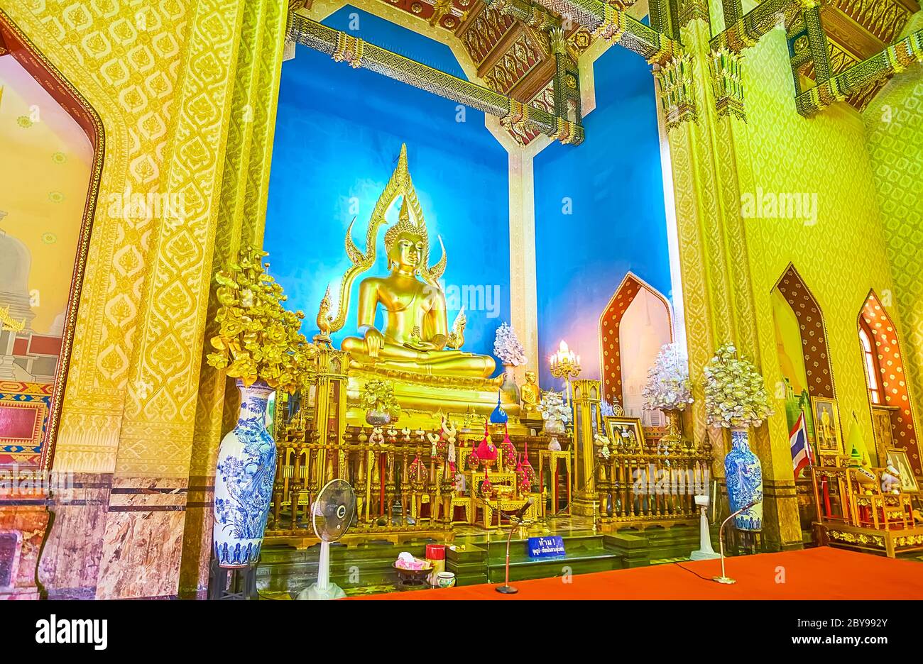 BANGKOK, THAILAND - MAY 13, 2019: The scenic interior of the Ubosot (Ordination Hall) of Wat Benchamabophit Dusitvanaram Marble Temple with golden Bud Stock Photo