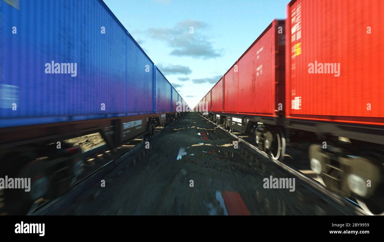 Freight train with cargo containers. Logystic concept. 3d rendering ...