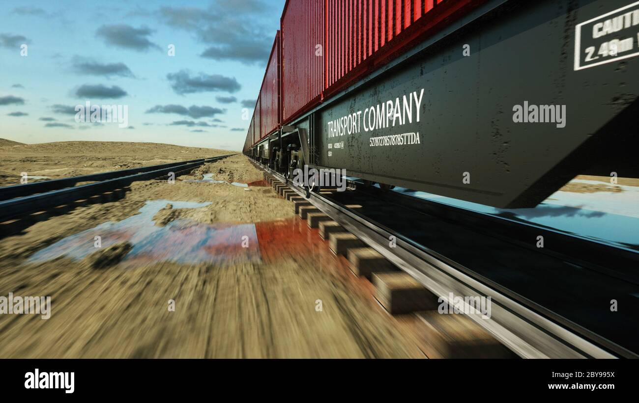 Freight train with cargo containers. Logystic concept. 3d rendering ...